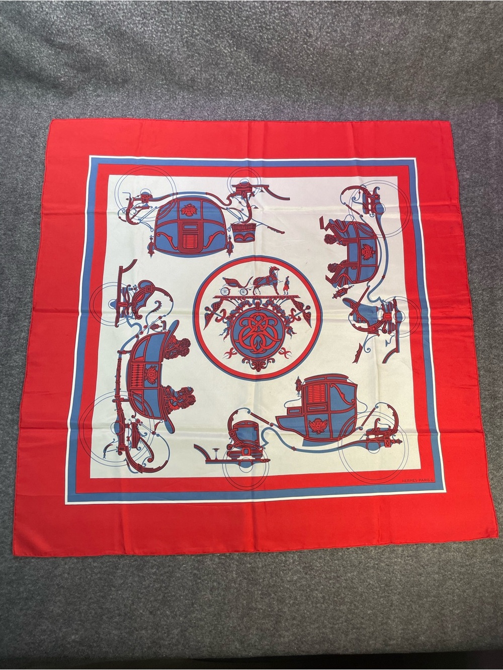 Authentic HERMÈS Scarf "Ex Libris" Hugo Grygkar 1946 RARE Red Silk Carré 90cm